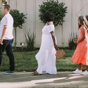 White off the shoulder high low dress with tie